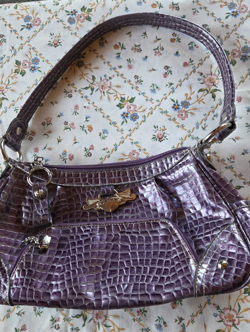 Kathy Van Zeeland Purple Croc-Embossed Shoulder Bag
